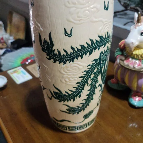 Tall Vintage Oriental Vase with Green Dragon and Peacock